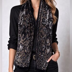 Vintage Burnout Velvet Silk Blend Scarf Sheer Patterned Long Boho Elegant